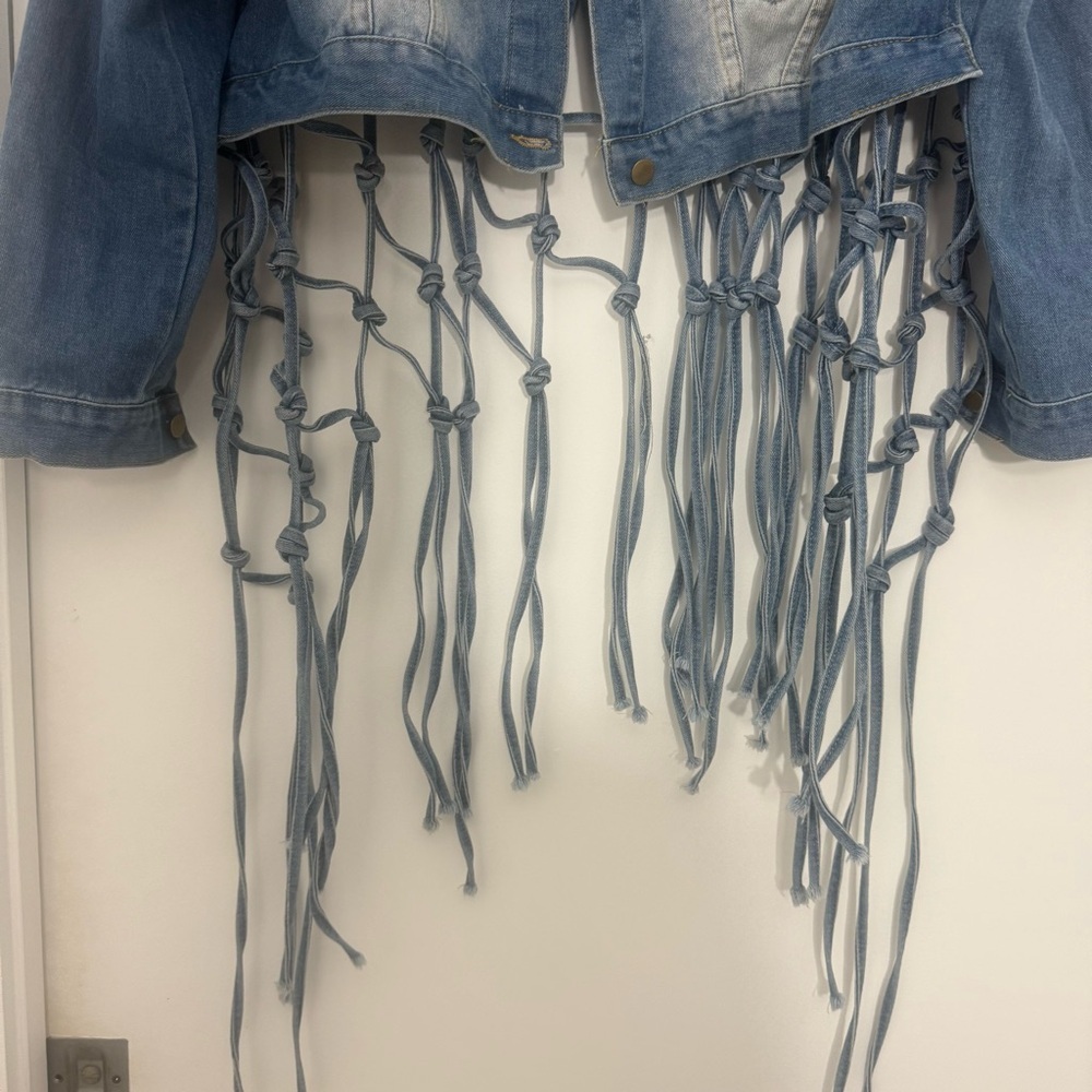 Cropped Denim Fringe Jean Jacket Back Hollow Out Knotted Tassel Distressed XXL - Picture 7 of 14